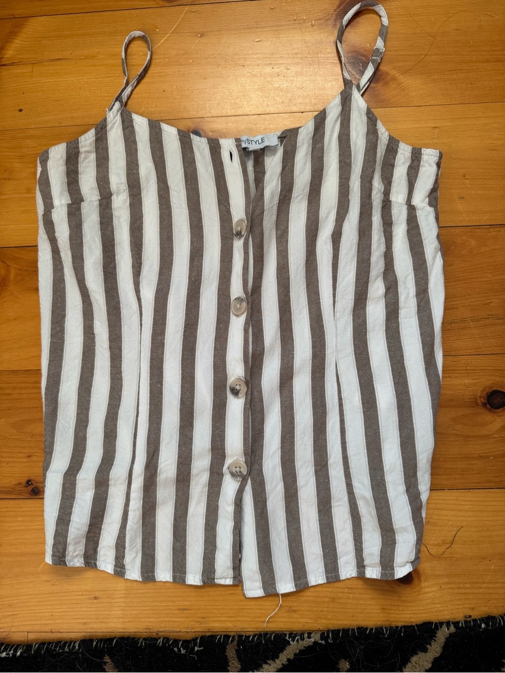 Striped Button-Front Spaghetti Strap Tank - White & Brown